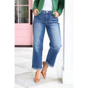 Risen High Rise Dark Wash Ankle Barrel Jeans with Cuff