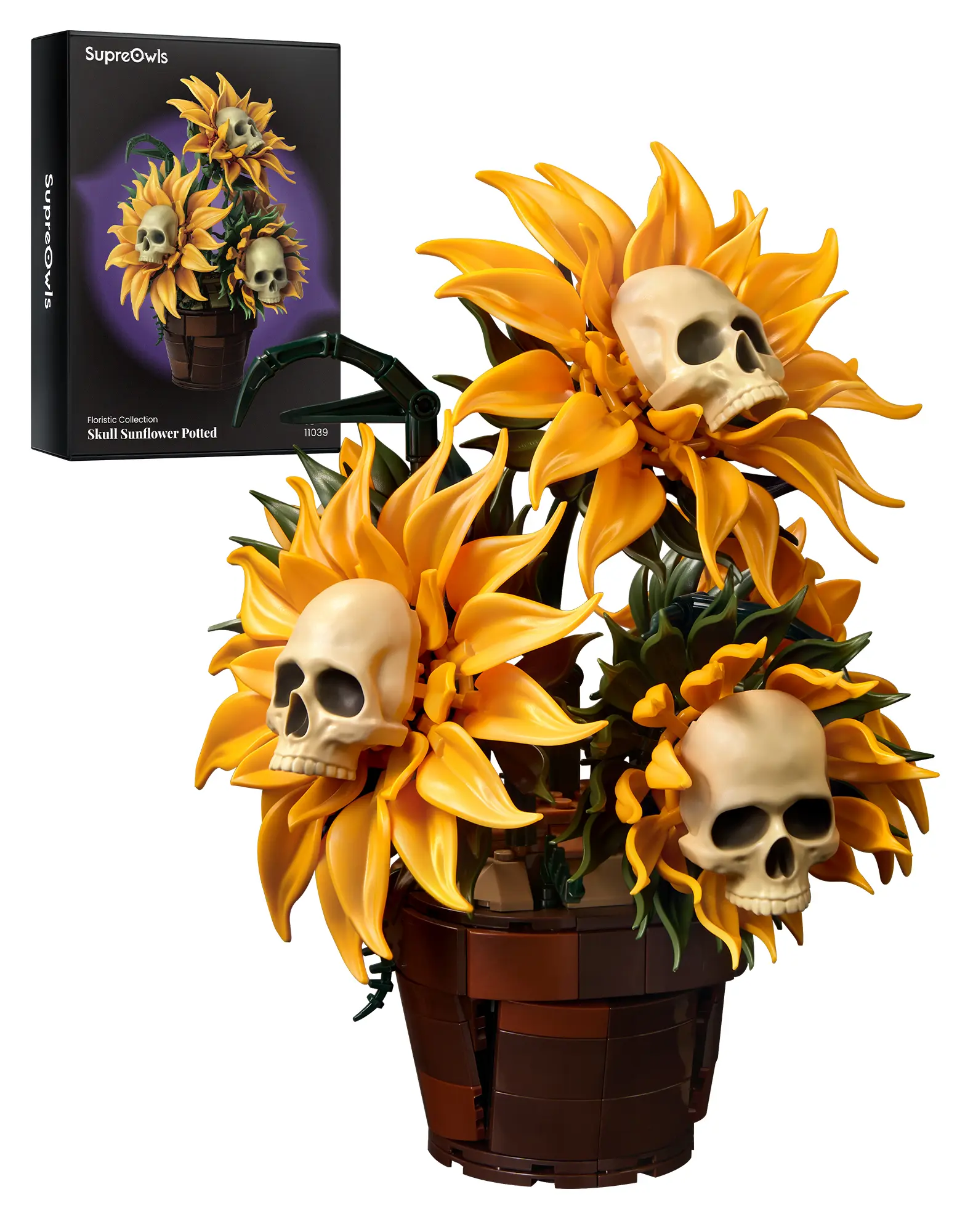 Supreowls Skull Sunflower Building Set, Gothic Botanical Flower Blocks for Adults, Halloween Sunflower Skull Decor, Dark Floral Plant Collection, Creative Home Office Decoration Gift for Women and Collectors