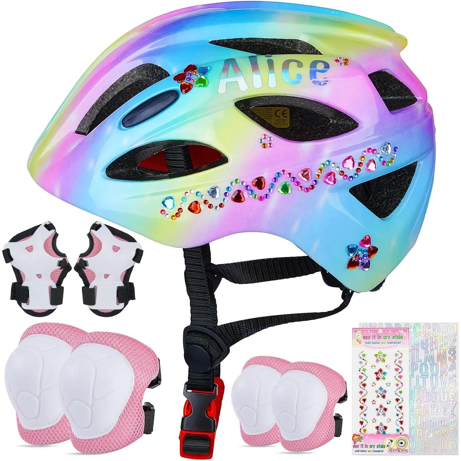 Girls' 7-in-1 Snap Oxford Fabric Helmet & Pads Set, 4-5/3-8 Ages Adjustable Fit, 11 Ventilation Vents, Breathable Knit Fabric for Biking/Skating Graphic Print Protective Gear, 4 - 5 Years, 11 Vents, 18.9-20.5 Inches