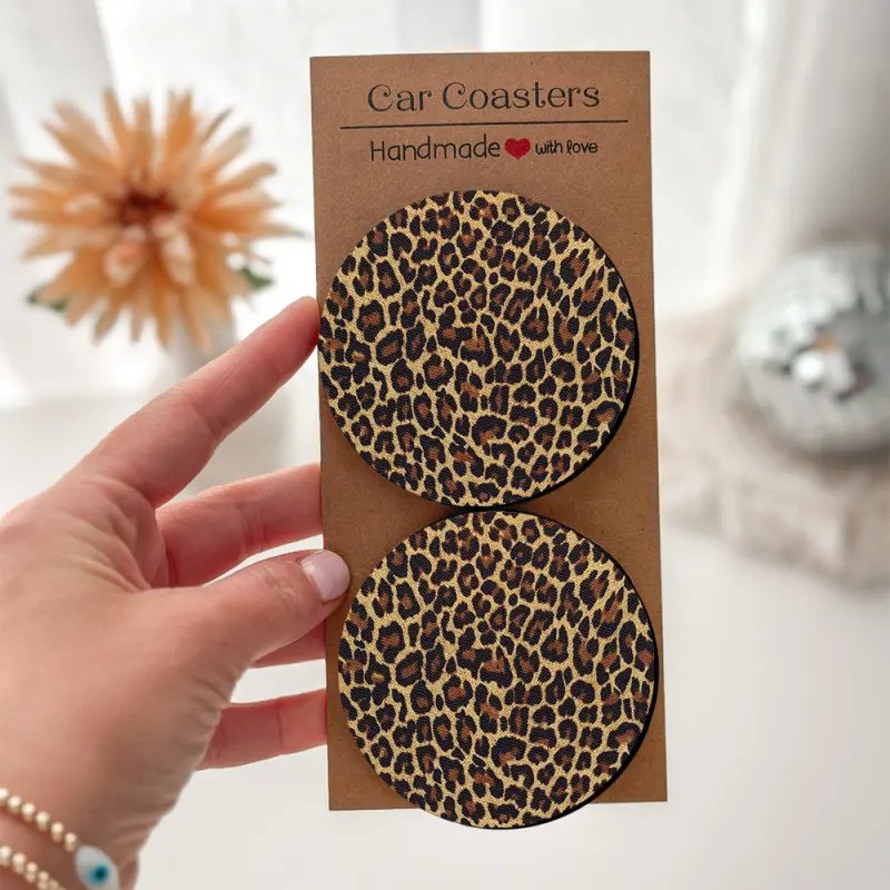 Legendary Leopard Print Car Coasters Set, 2/4 Pieces Absorbent Chloroprene Rubber, Easy to Clean, Unisex Gift, Automotive Accessories