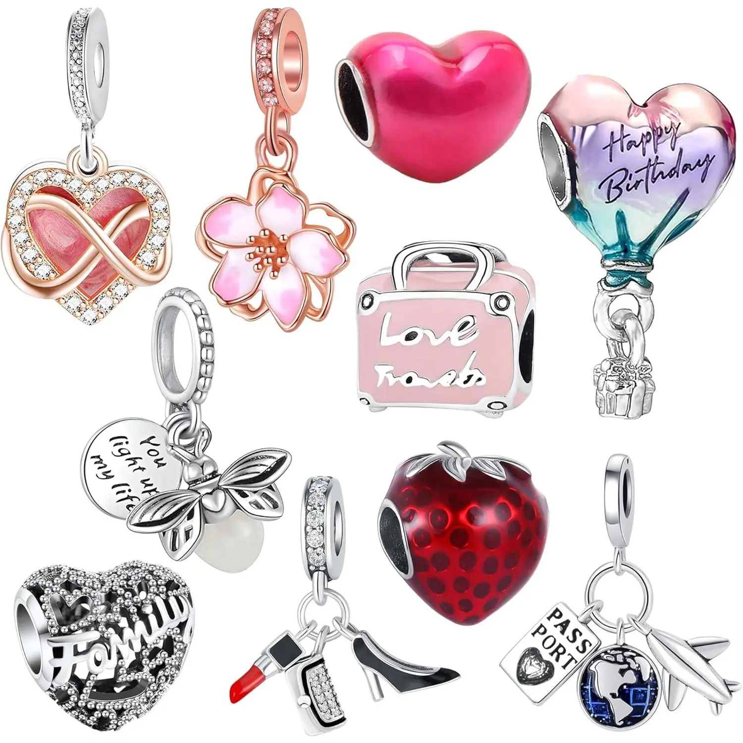 10 count Silver Bead Charms for Pandora Bracelets and Necklaces Charm for Woman Cubic Zirconias Dangle Pendant Jewelry Beads Set
