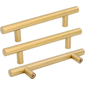 10 Pack Gold Cabinet Handles Gold Drawer Pulls Kitchen Cupboard Hardware 3-1/2 Inch (90mm) Hole Centers Brushed Brass Dresser Handles Bathroom Cabinet Door Pulls, Stainless Steel