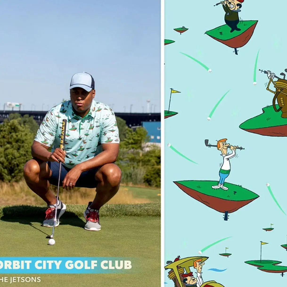 Men's Retro Golf “Orbit City Golf Club" Polo Shirt - Classic Fairway All-Over Print, Breathable Athletic Golf Apparel, Country Club Casual Performance Top