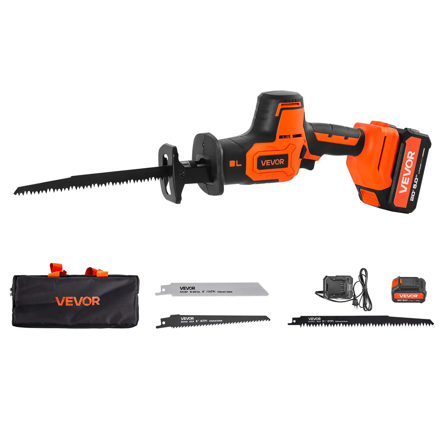 【Summerfinds】VEVOR Cordless Brushless Motor Reciprocating Saw Tool Kit, 20V DC, 3000 SPM Variable Speed, 1in Stroke Length, Lightweight Portable, with Batteries, Charger, 8 Blades, Bag, Hex Key, DIY Power Tool for Wood/Metal Cutting, Tools, Power Tools