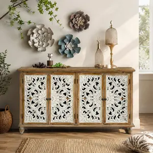 Accent Cabinet with 4 Doors Farmhouse Sideboard Buffet Storage Cabinet Wood Carved Floral Doors Antique Natural MDF Distressed Credenza for Living Room Dining Room Entryway Hallway Kitchen, Antique Natural Color Options, MDF Material