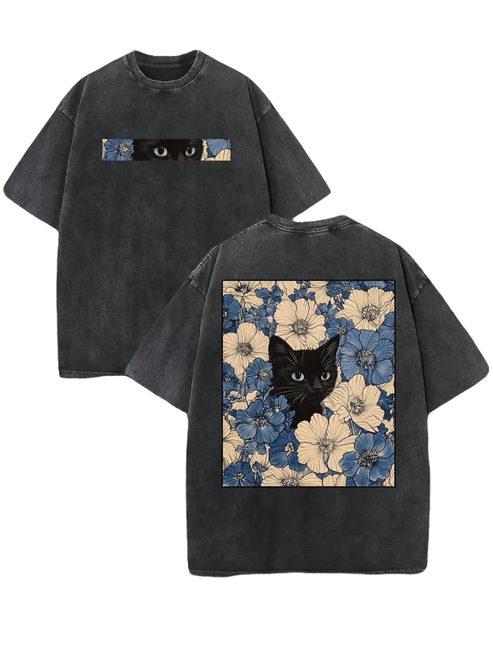 Men's "Cat in the Flowers" Double-Sided Print Vintage Graphic Tee, 230gsm Cotton Retro Wash Vibe Loose Crewneck, Broken-In Soft Casual Streetwear Oversized Menswear Top