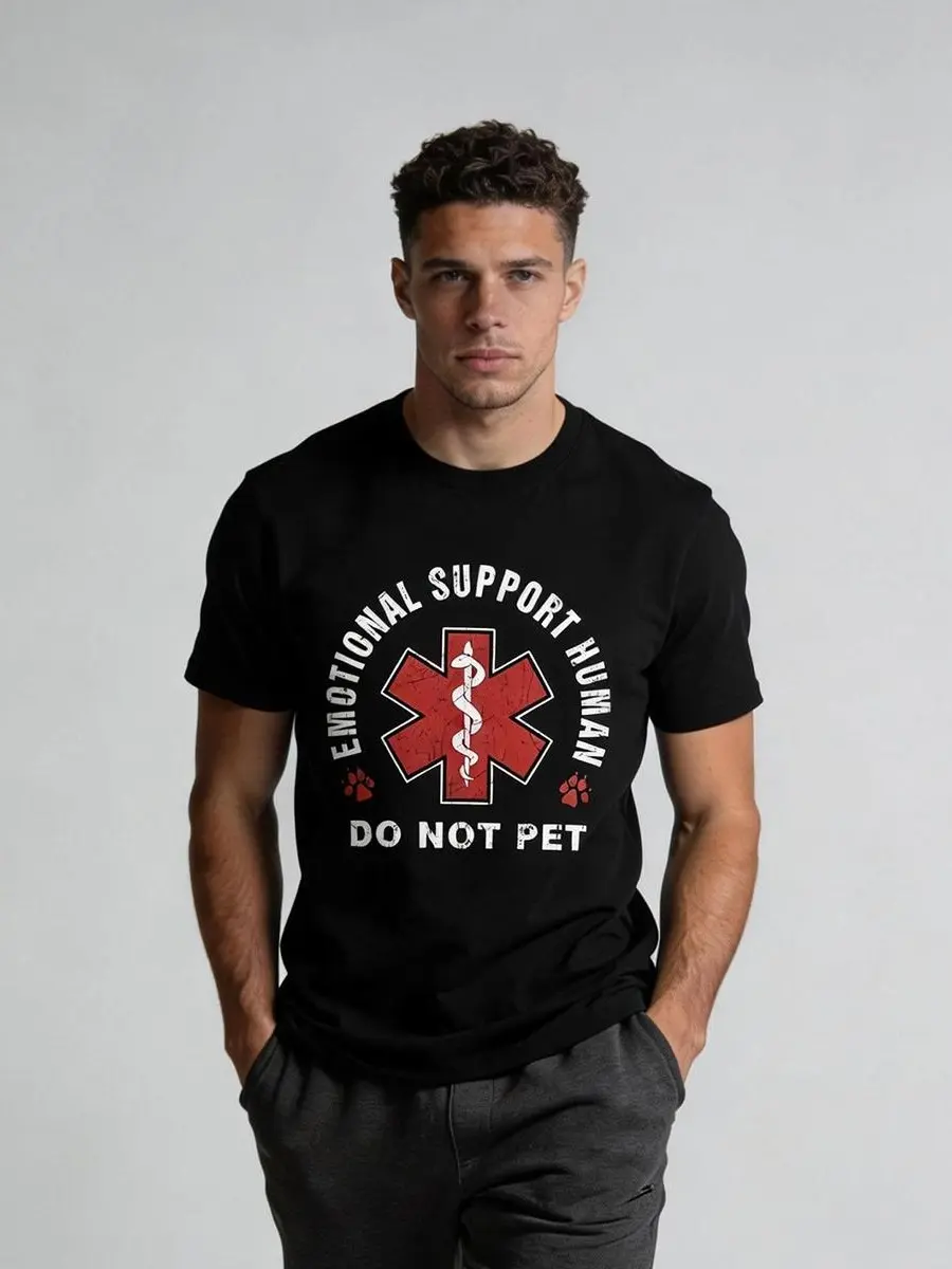 GEEKSOUTFIT Unisex Emotional Support Human T-Shirt, Funny Graphic Short Sleeve Streetwear Tee in Heavyweight 230gsm Cotton with Soft Non-Sticky Print