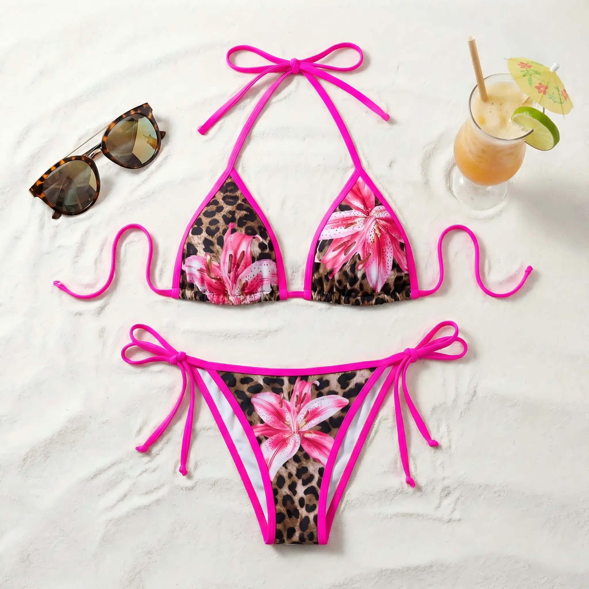 Women's Bold Print Bikini Sets, Leopard Print 2-Piece Swimsuit, Pink Adjustable-Strap Triangle Top, Tie-Side High-Cut Bottoms, S-L Sizes, Beach & Cruise Swimwear (Lay Flat to Dry), Bathing Suits