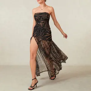Women's Tube Top DressStrapless Backless Mesh Patchwork Tropical Leopard Print High Slit Long Dress for Party Club Night