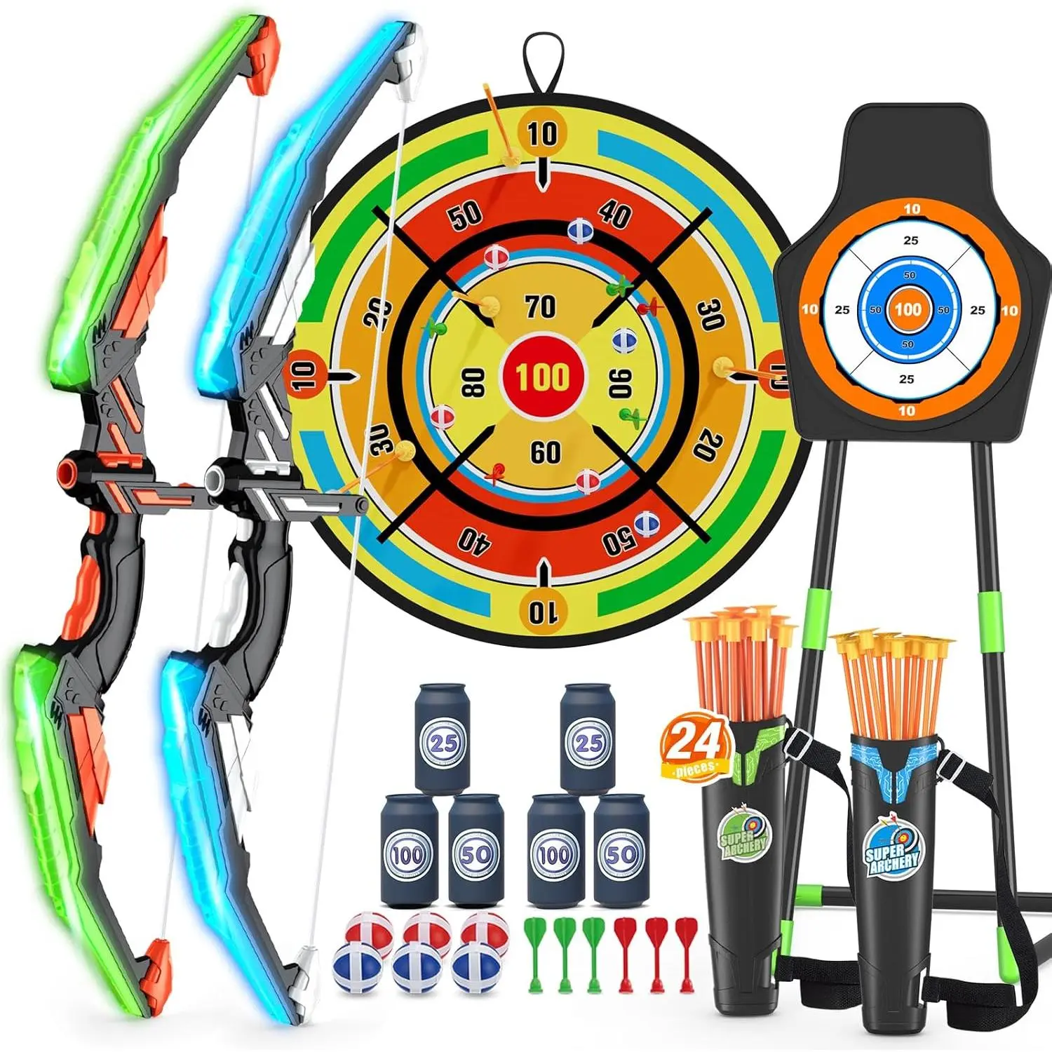 2 Pack Kids and Arrow with 29" Large Dart Board, LED Light Up Archery Set with 24 Suction Cup Arrows, Indoor Outdoor Sport Toys Gifts for 3 4 5 6 7 8 9 10 12 Year Old Boys Girls