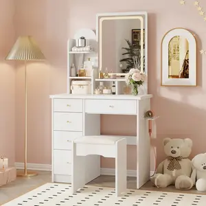 LED Makeup Vanity Set with Drawer and Shelf, Wood Dressing Table with 3 Lighted Screen Mirror, Girls Makeup Vanity Table