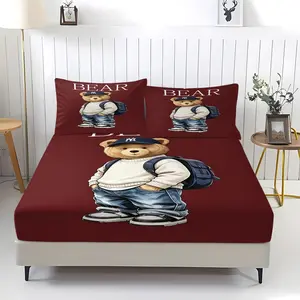 Stylish bear pattern printed bedspread, including 1 bed sheet and 2 pillowcases, with anti-slip dust cover suitable for bedrooms and guest rooms, perfect for personal use or gifting