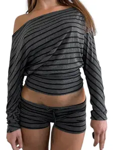 Striped Off-Shoulder Asymmetrical Two-Piece Set, Casual Comfortable Loose Long Sleeve Top + Drawstring Waist Shorts