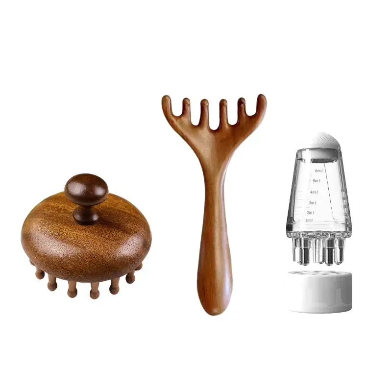 Wooden Scalp Massager Set, 3 Counts/set Manual Scalp Massager & Brush & Applicator Bottle, Heatless Hair Styling Tool for Home & Travel, Body Care, Scalp Stimulator, Head Massagers