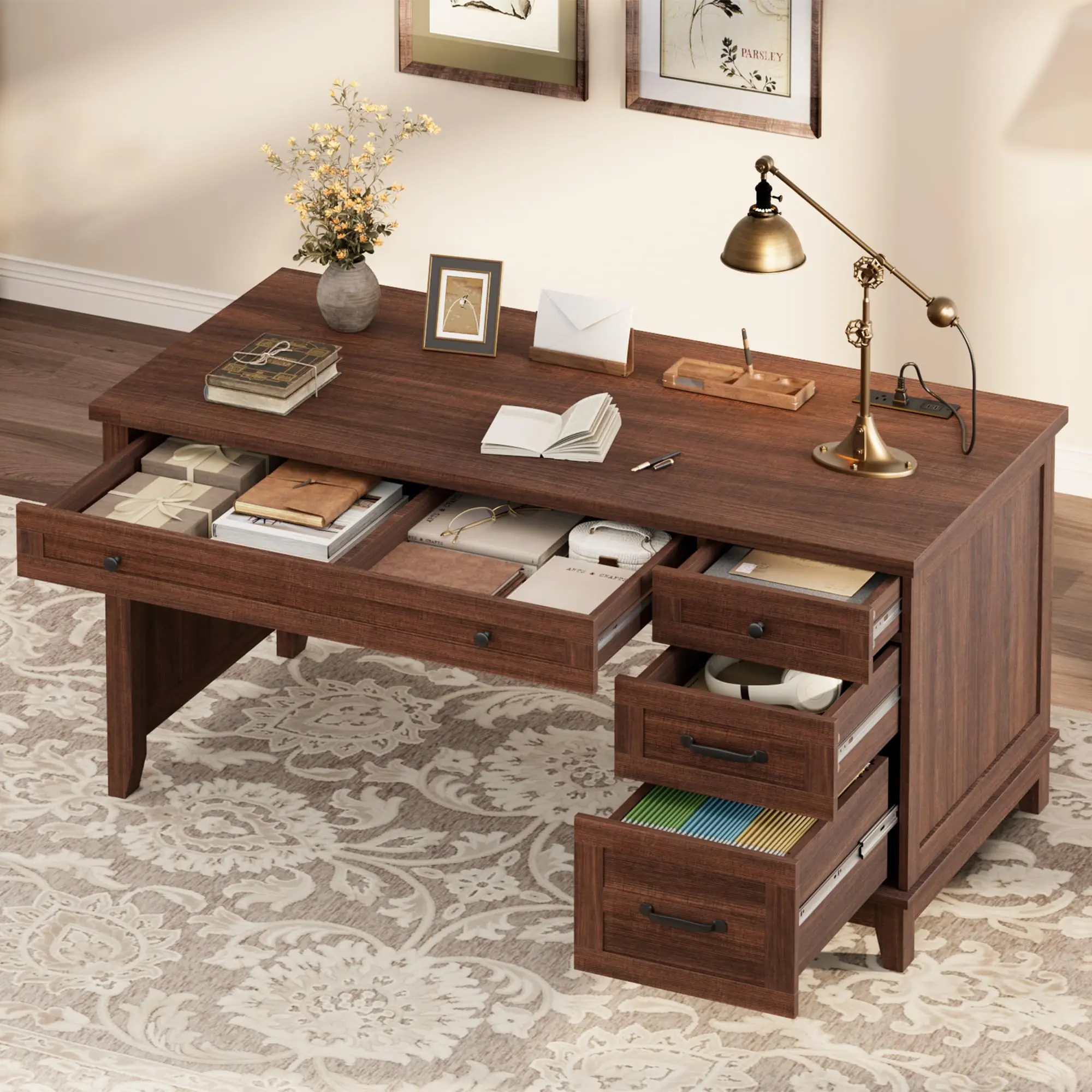 53.5" Rectangular Distressed Farmhouse Executive Desk with Drawers - Wood Home Office Writing Table, Built-in Power Outlets, Adjustable File Cabinet, Easy Setup