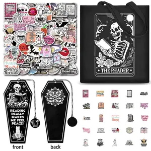 Stationery Set, 1 Set Including 60pcs Book Sticker & 1 Count Skeleton Bookmark & 1 Count Canvas Tote Bag, Bookish Stickers, Book Reading Stickers, Decorative Stickers for Kindle, Water Bottle, Laptop, Halloween