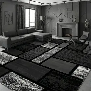 Black patchwork living room rug with a velvet print—soft and comfortable, slip-resistant and durable—ideal for bedrooms, living rooms, dorm rooms, small apartments, dining rooms, entryway mats, and home decor.