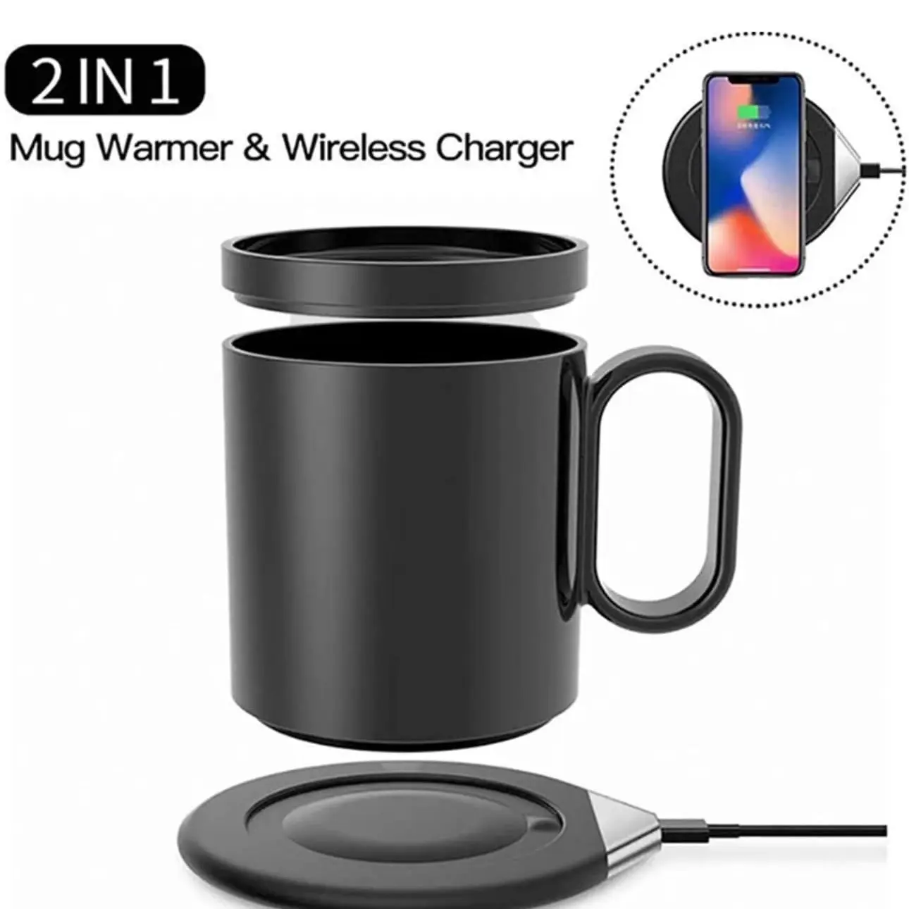 Smart Coffee Mug Warmer and Phone Charger 18 W, 2 in 1 Waterproof, 55℃ Electric Heating,Ceramic Mug, Ideal for Office Desk black , white Reuse Washable Cup Drinkware Reusable