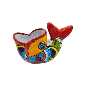 Mexican Talavera Bonsai Fish Planter Pot Hand Painted - Traditional Pescado Bonsai Maceta - Red Trim