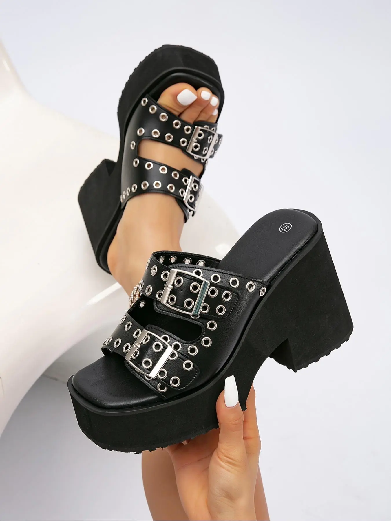 Women's Fashionable Plain Color Studded Decor Platform Sandals, Casual Versatile Platform Sandals for Summer, Lightweight Breathable Comfortable Shoes for Daily Wear, Girl, PU Leather Slides, Casual Fashion Footwear