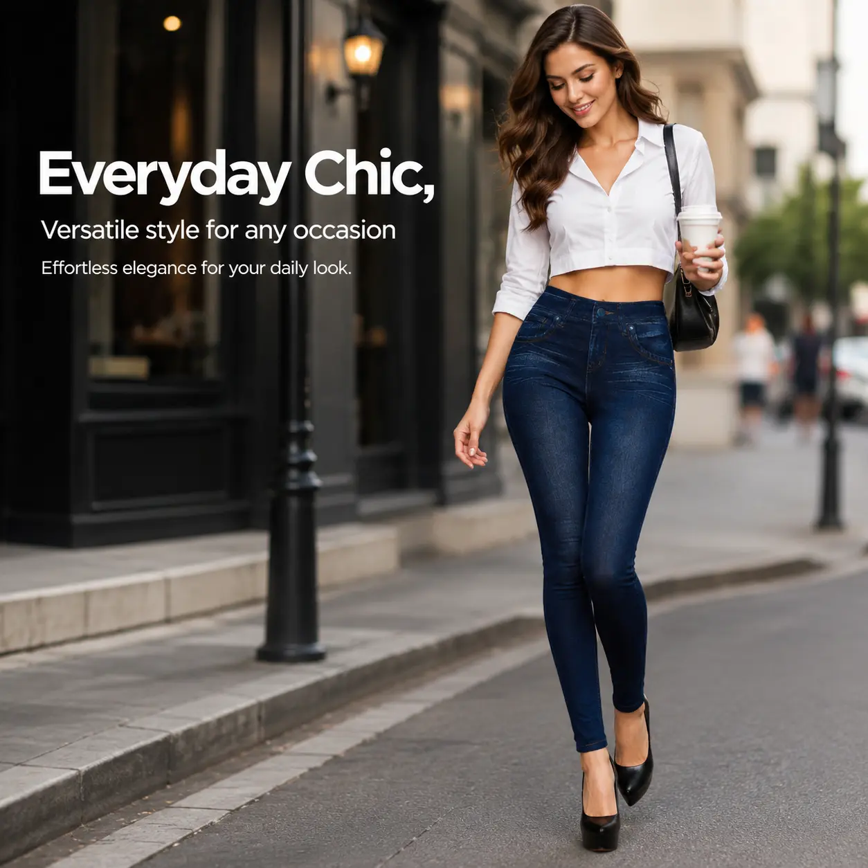 Women's High-Waist High-Stretch Minimalist Basic Skinny Jeans - Dark Blue Full-Length Shaping Denim Pants with Tummy Control, Hip Lifting, Pockets - Everyday Fabric Bottoms for Office, Daily Outfits