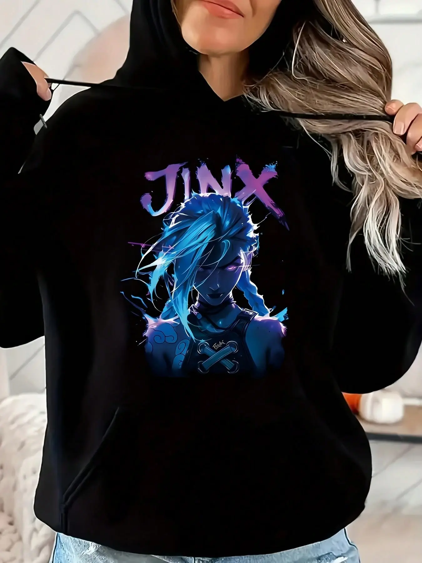 Women's "Jinx" Arcane Printed Art Hoodie Sweatshirt - Soft Fabric, Fashion Fit, S-3XL Sizes (Incl 2XL, No Exclusions), Casual Black Longsleeve Pullover, Ideal for Arcane Fans, Pairable with Joggers, Pull On, All Day Wear, Casual Hoodies & Sweatshirts, Eve
