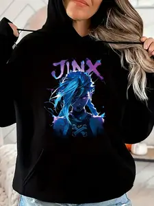 Women's "Jinx" Arcane Graphic Long Sleeve Hoodie - Anime Prints, Comfortable Fabric, Sizes S-3XL, Fashion Fit, Everyday Piece, Ideal for Arcane Fans, Casual Black Sweatshirt Pairable with Joggers