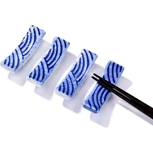 Set of 4 Japanese Blue Chopstick Holders 2.8" Traditional Wave Motif Spoon & Fork Holder, Ceramic Chopstick Rest for Sushi & Hot Pot, Decorative Cutlery Stand