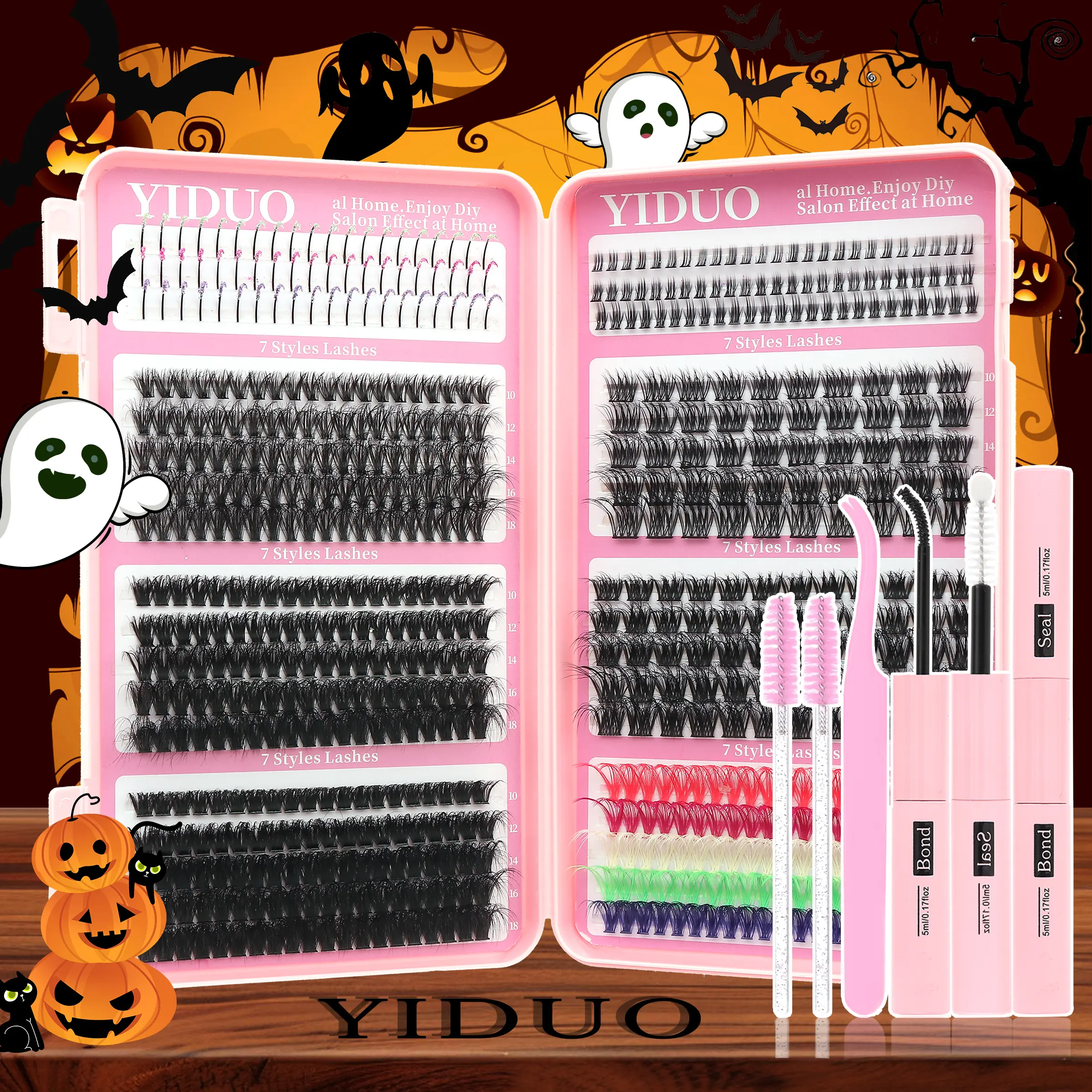 YIDUO 8 Styles Fluffy Lash Clusters, False Eyelash Cluster, Lashes Kit Eyelash Extension Set With Halloween Colored Lashes 645pcs 5-18mm Volume+40D+60D+80D Bottom Lash Adhesive, Sealer & Tweezers DIY False Eyelashes, DIY Eyelash Extensions at Home