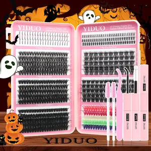 YIDUO 8 Styles Fluffy Lash Clusters Lashes book Kit Eyelash Extension Set With Halloween Colored Eyelashes 645pcs Eyelash Extensions 5-18mm Volume/ Mega/ Full+40D+60D+80D and Bottom eyelash with Lash Adhesive & Sealer & Lash Tweezers DIY at Home Easily