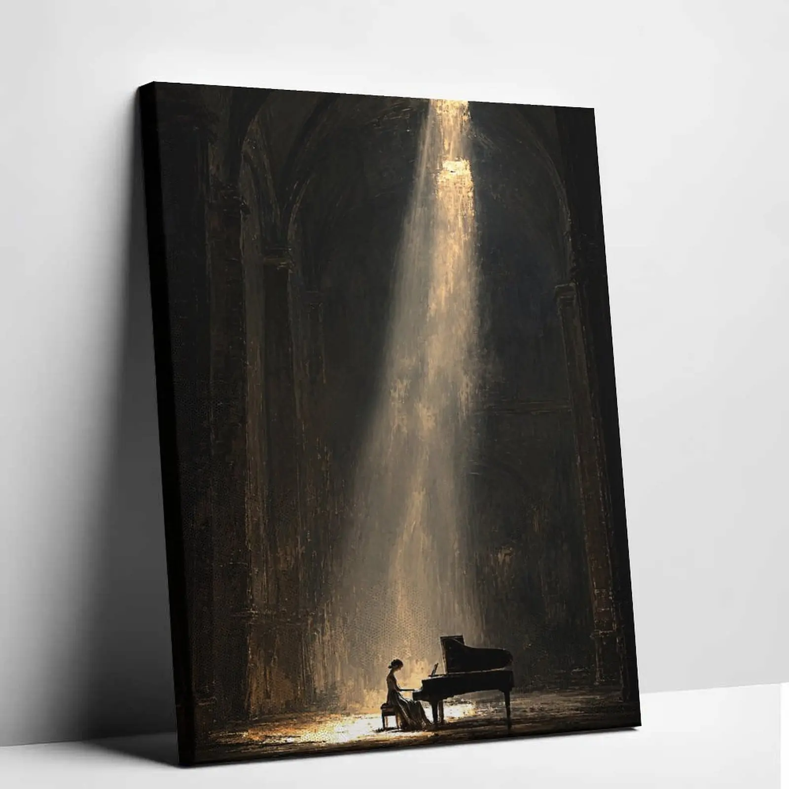 Vintage Dark Academia Canvas Wall Art Piano Player in Cathedral Poster Print Vintage Grand Piano Oil Painting Style Canvas Painting Gothic Light Beam Graphic Picture Decor for Living Room Studio