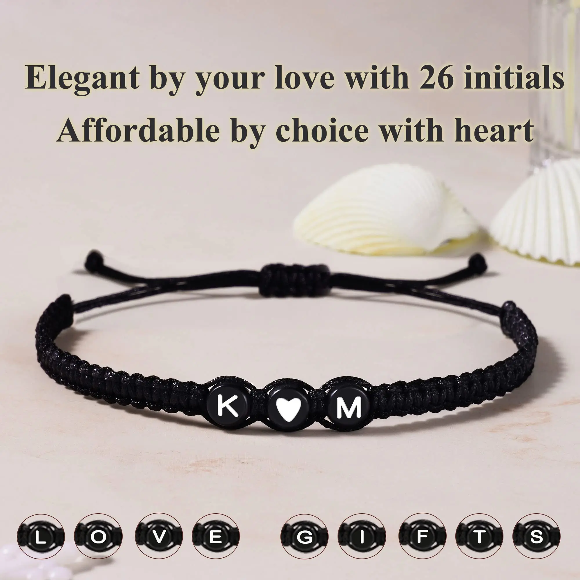Adjustable Bangle for Couples with Initial Heart, Handmade Black Braided Rope Fashion Accessory, His and Hers Personalized Jewelry, Birthday Gift