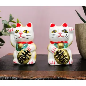 Ebros Japanese Luck and Fortune Charm White Beckoning Cat Maneki Neko Ceramic Figurines Set of 2 with Right and Left Paws Feng Shui Lucky Energy Cats Collectible Statues