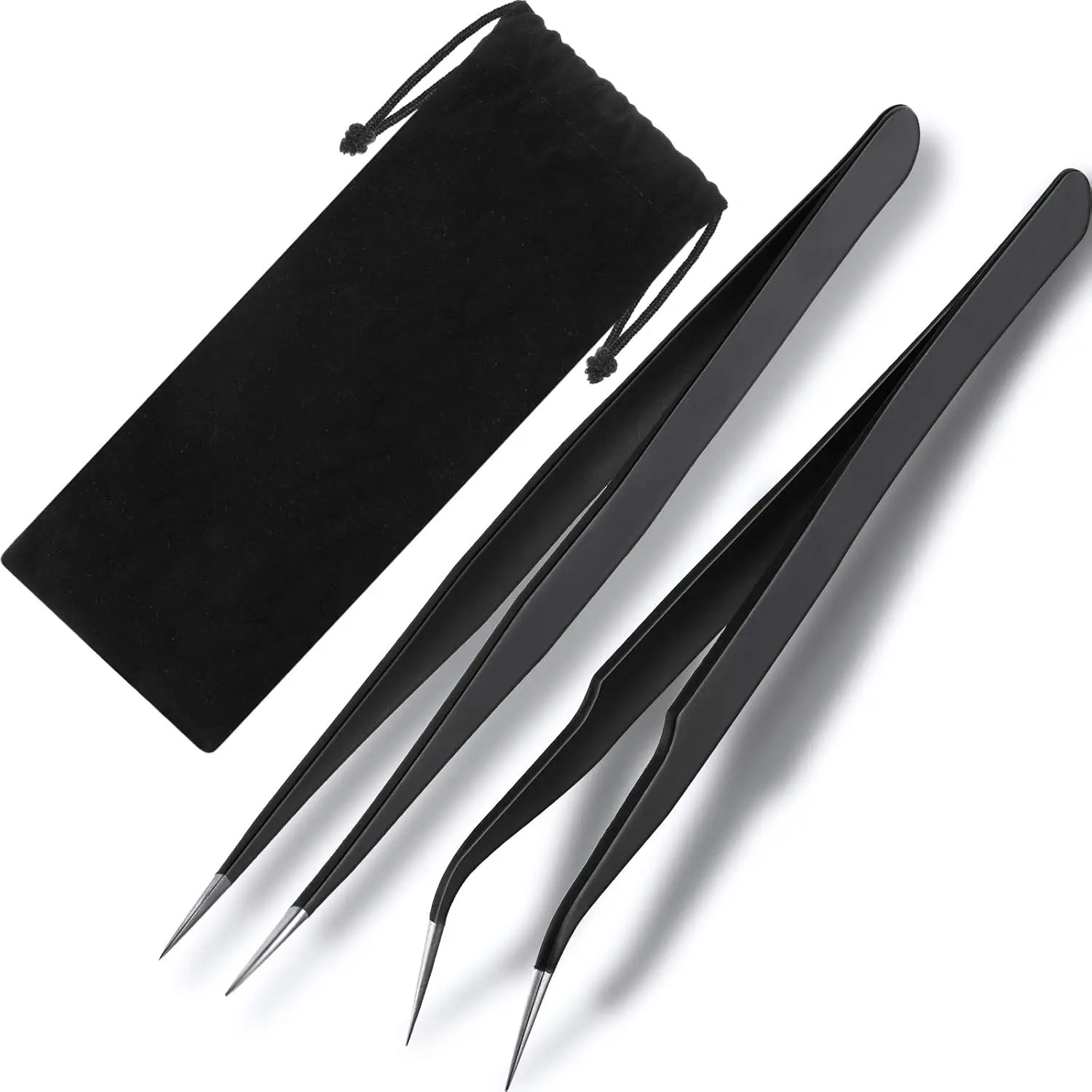 2-Count Stainless Steel Industrial Tweezers Set - Straight & Curved Tip Tools for Eyelash Extension, Makeup, Cosmetic Application & Storage
