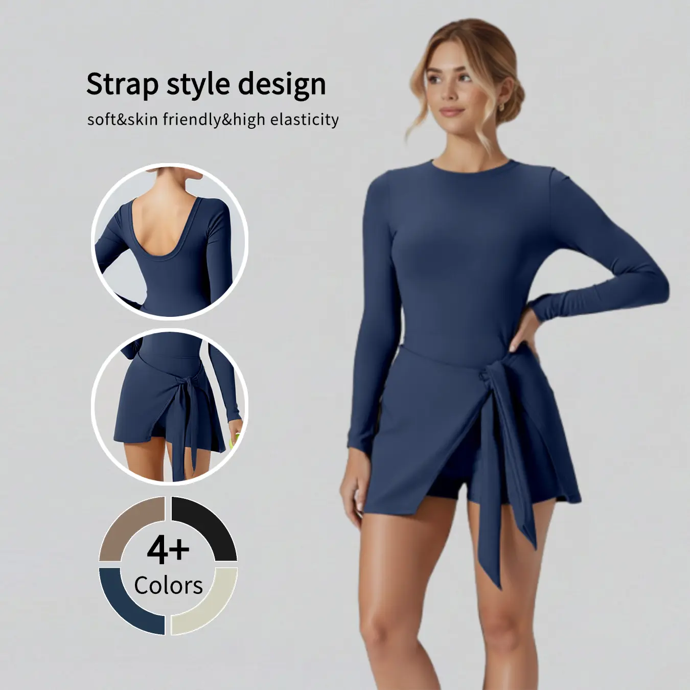 Women's Dry Fit Compression Long Sleeve Bodycon Yoga Active Dress - Female, Nylon Knit Fabric, Built-in Shorts & Bra, Solid Color Universal Tennis Attire, Compression Garment, Fitted, Breathable, Slim-Fitting, Sporty Chic Dress, Dresses For Women