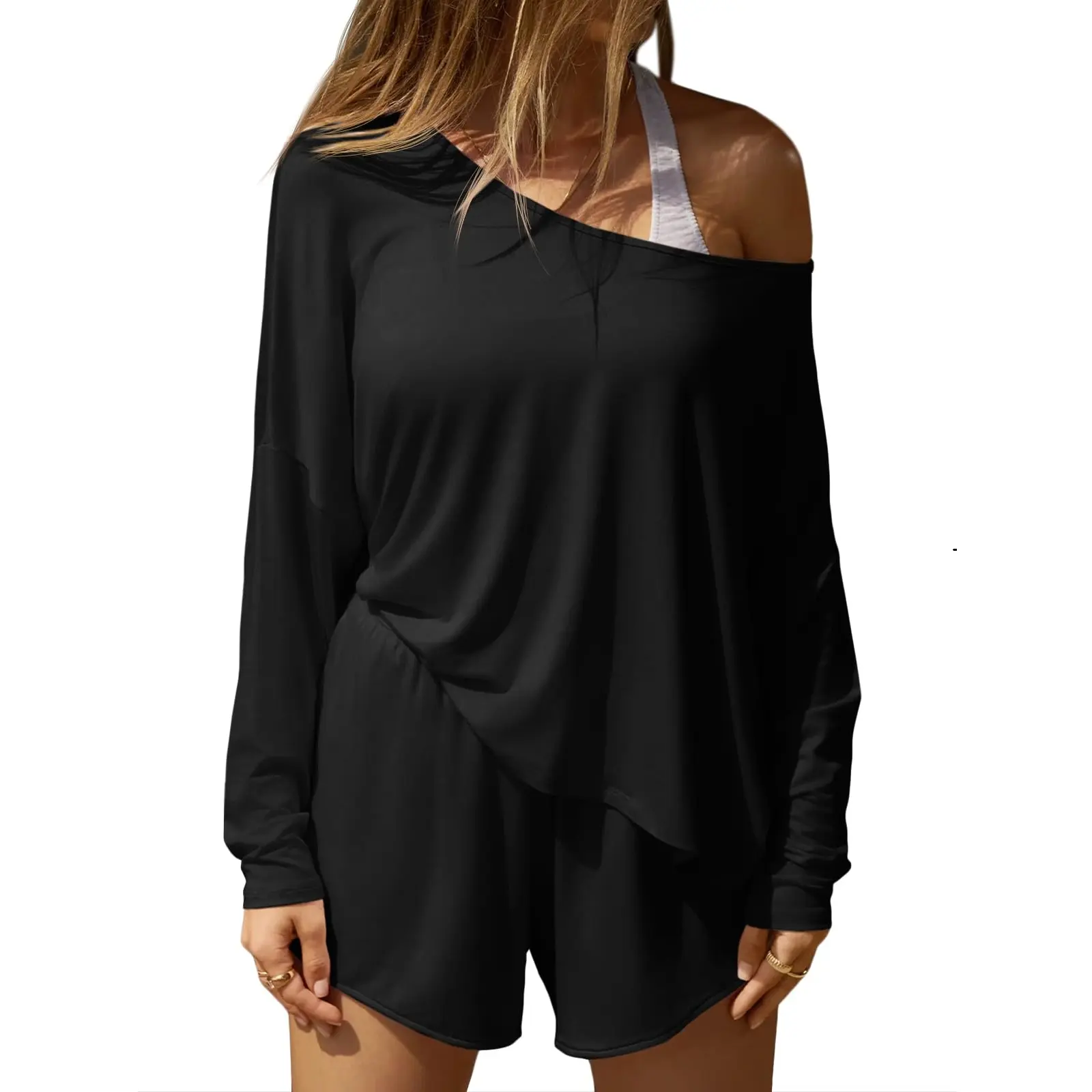 Fisoew Women's 2 Piece Cute Loungewear Set, Casual Off Shoulder Batwing Sleeve Top and Shorts, Comfy Pajamas for Vacation, Pyjamas, Comfy Sets, Lady, Lounge Set