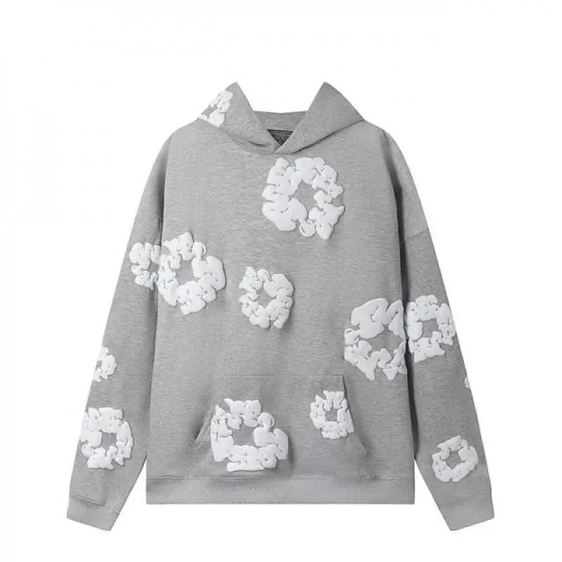 Denim cotton hoodie Hoodie cotton hoop jumper Sweatshirt Black white-floral white street fashion quan hoodie hoodie rotation Casual Baggy Oversize Long Sleeve
