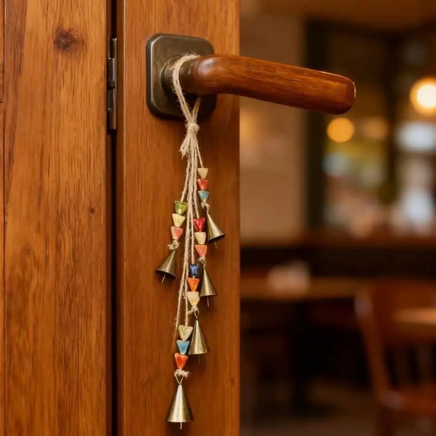 1 pc Colorful Ceramic Bead Bell Ornament – Triangle hanging bell décor with artistic Jingdezhen-style ceramic beads. Decorative pendant for home, doors, walls and festive interior styling, elegant handcrafted accent piece.