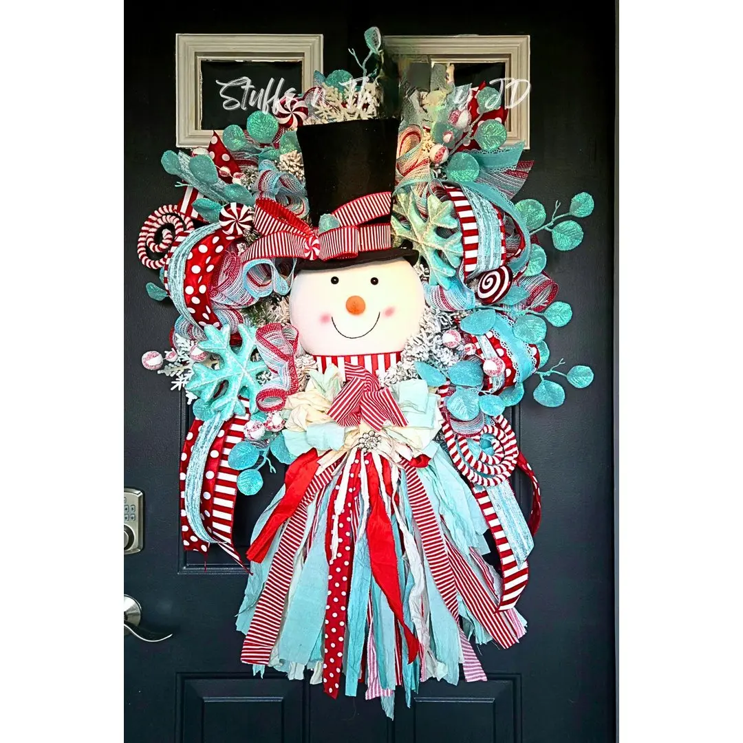Whimsical Snowman Christmas Wreath with Rag Bow – Peppermint Holiday Door Decor in Red, White & Aqua