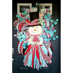 Whimsical Snowman Christmas Wreath with Rag Bow – Peppermint Holiday Door Decor in Red, White & Aqua