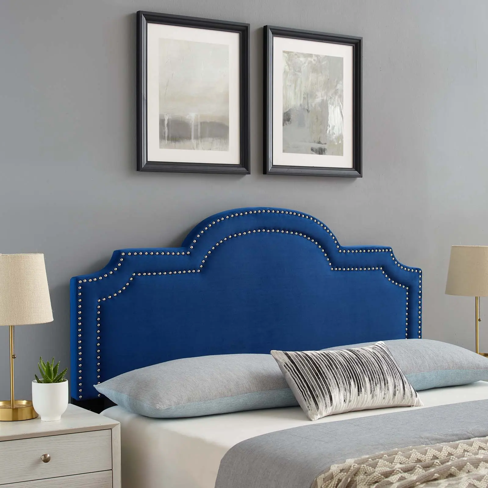 Modway Belinda Performance Velvet Bedroom Headboard - Navy, King-California King Size, Nailhead Trim, Adjustable Height, Clean Aesthetic, High Density Foam, Headboard Upholstery, Adjustable Height Headboards