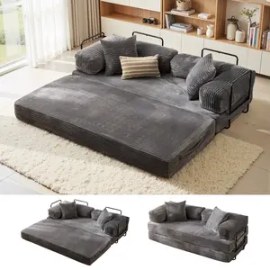 2-in-1 Floor Sofa Bed, Foldable Cloud Couch with Pillow Back & Armrest, Plush & Corduroy Sleeper Sofa Bed with Fixed-Shape Frame, Boneless Couch for Living Room Bedroom, Apartment