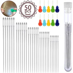 50pcs Premium Large Eye Hand Sewing Needles with Threaders and Storage Tube 5 Sizes Pointed Needles for Stitching Crafting Projects and Embroidery