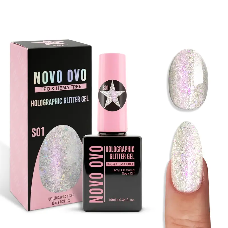NOVO OVO Reflective Fairy Sparkle Diamond Dust Decorative Art Gel Nail Polish - HEMA-Free Low-Odor Allergy-Safe, High-Gloss Soak-Off UV/LED, 10ml S01 Silver Stardust, Brush, Resin, DIY At-Home Manicure, Adult Gift, Beauty Cosmetic, Decorative Art Nail Pol