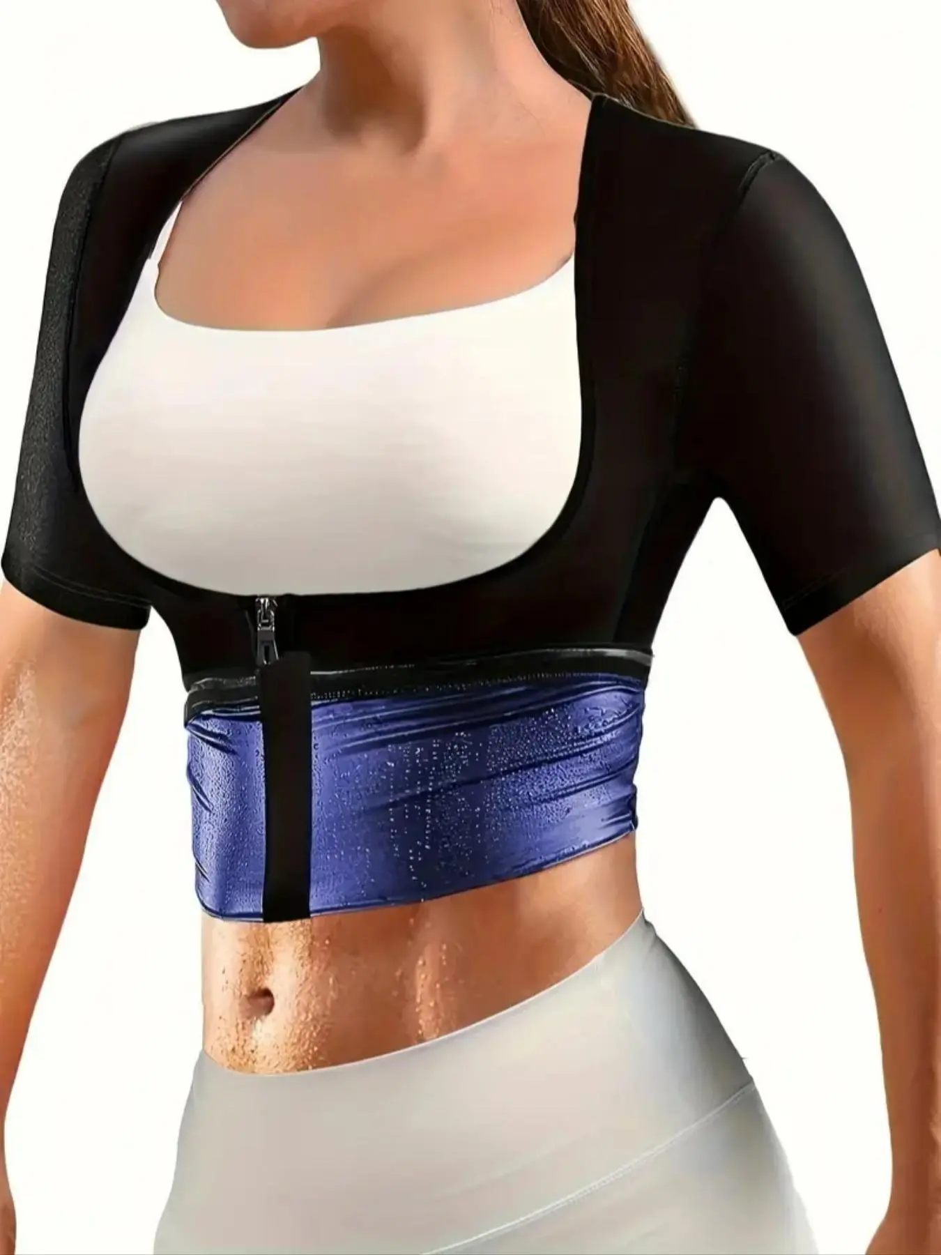 Sporty Women's Solid Color Open Bust Zip Up Sauna Tee without Bra, Sports Short Sleeve Sauna Top for Summer, Ladies Sportswear for Indoor & Outdoor Wear, Athletic Apparel, Athletic Sports Clothing, Athletic Tops, Activewear Clothes, Athletic Style