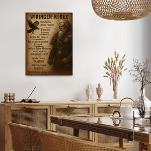1pc 2D Flat Viking Code Wooden Framed Canvas Wall Art Print - Vintage Norse Decoration with German Text, Viking Laws, Regenerated Wood Frame, Hook-Mounted Historical Art for Living Room, Study