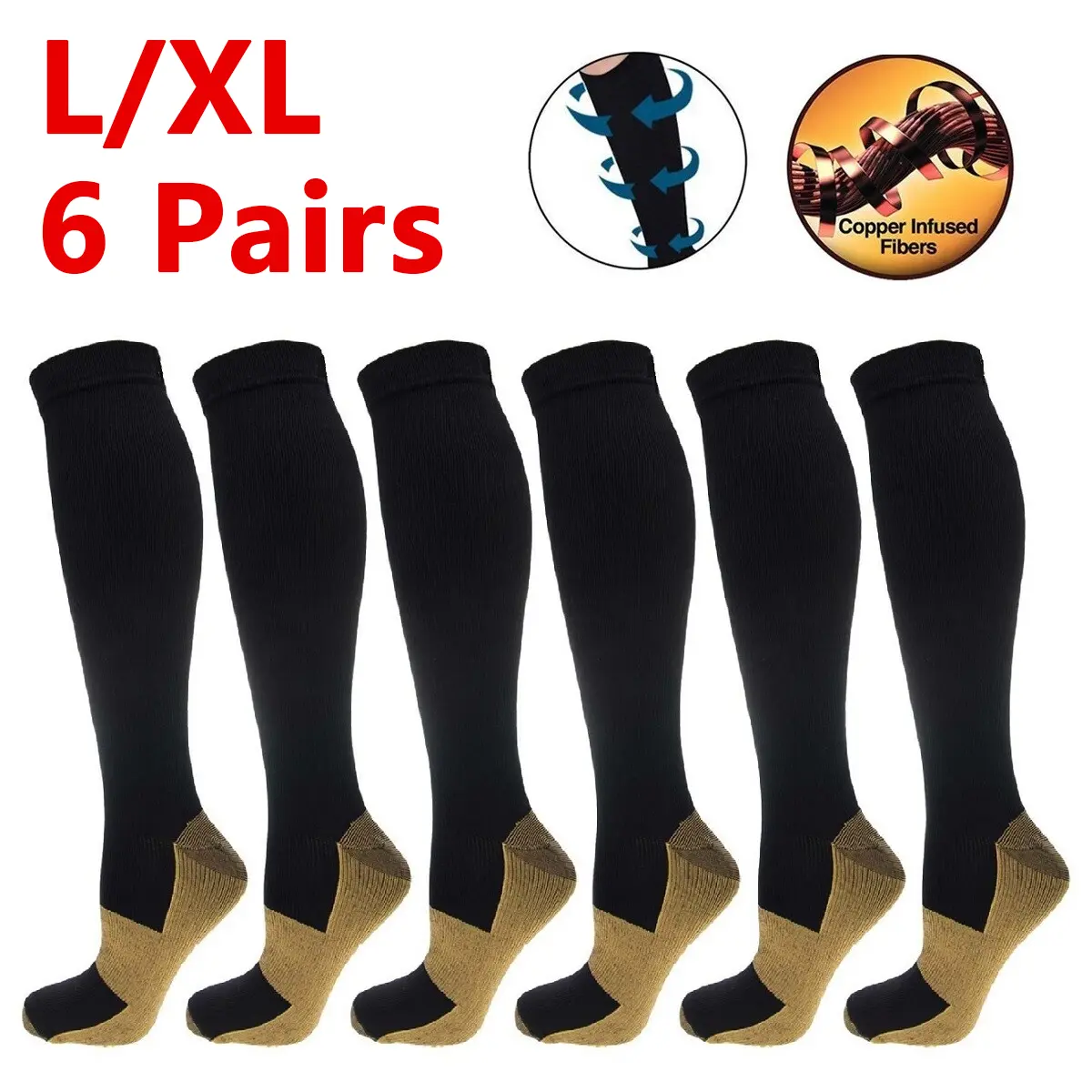 Unisex 6 Pairs 20-30mmHg Ankle-Length Compression Stockings, 10% Cutec Copper Nylon Non-Slip Graduated Support for Pilates & Pain Relief Healthcare (L/XL)