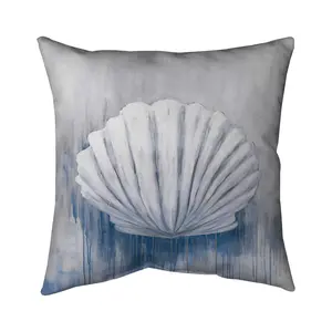 360 Stand 16x16in Coastal Pillow - Blue Feston Shell Print Poly Twill, Marine Theme, Easy-Clean Bathroom/Living Home Decor Textile, Model 5541-1616-CO24-1, Polyester Fabric, Seaside Decor