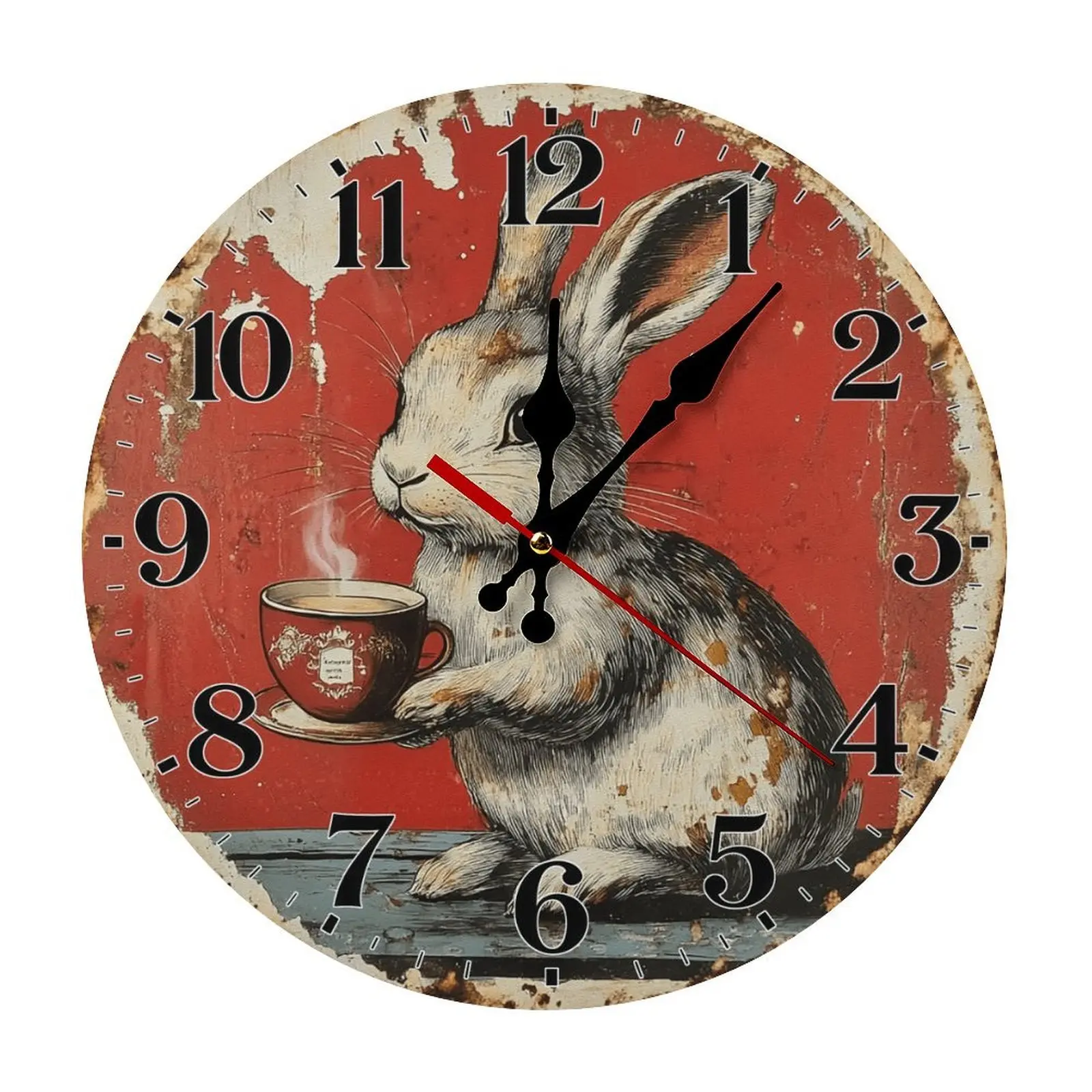 10/12 in Round Wooden Retro Antique Silent Non-Ticking Wall Clock - Rustic Farmhouse Home Decor, Print Design, Perfect Gift for Rabbit Lovers, Kitchen Use, Battery Not Included