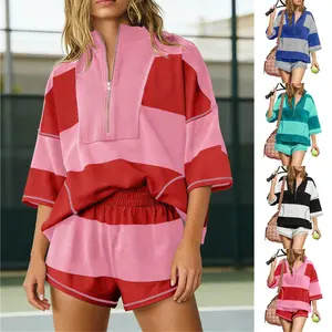 WoodBerry Women's Two Piece Workout Set Striped Short Sleeve Oversized Shirts Wide Leg Shorts Sets Summer Lounge 2 Piece Tracksuit with Pockets Tennis Sport Outfits for Daily